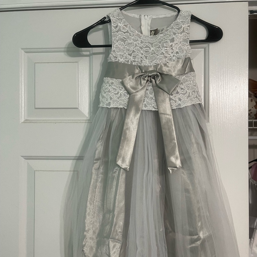 Charming Silver Lace Kids Dress with Bow